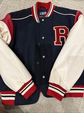 Zara Navy, Cream & Red Varsity Jacket